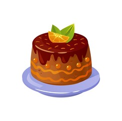 Chocolate cake icon with delicious decor. Cartoon sweet pie vector illustration. Flat style delicious cake for Valentine's day, Birthday card, party invitation, game design