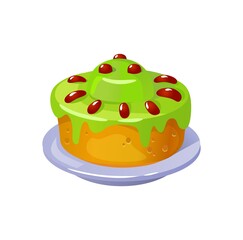 Colorful cake icon with green decor. Cartoon sweet pie vector illustration. Flat style delicious cake for Birthday card, party invitation, game design or web