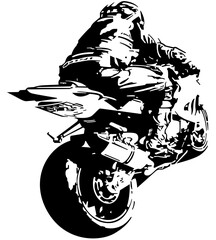 Motorcyclist on Motorcycle Drawing - Black and White Drawing Illustration Isolated on White Background, Vector