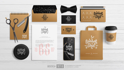 Barbershop brand identity vector mockup set. Barber shop logo with stationery items of  envelope, shopping bag, business card, gift card, package, letterhead. Company branding mockup