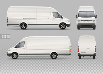Vector Corporate Van realistic mockup template for Branding and Company identity design. White Cargo Van isolated on grey background. Delivery service transport mockup