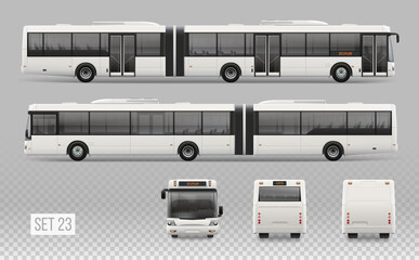 Passenger City Bus mockup template isolated on grey background. Long passenger Bus for Branding identity and advertising design on transport. Blank side view, front, rear Low Floor City Bus © VRTX