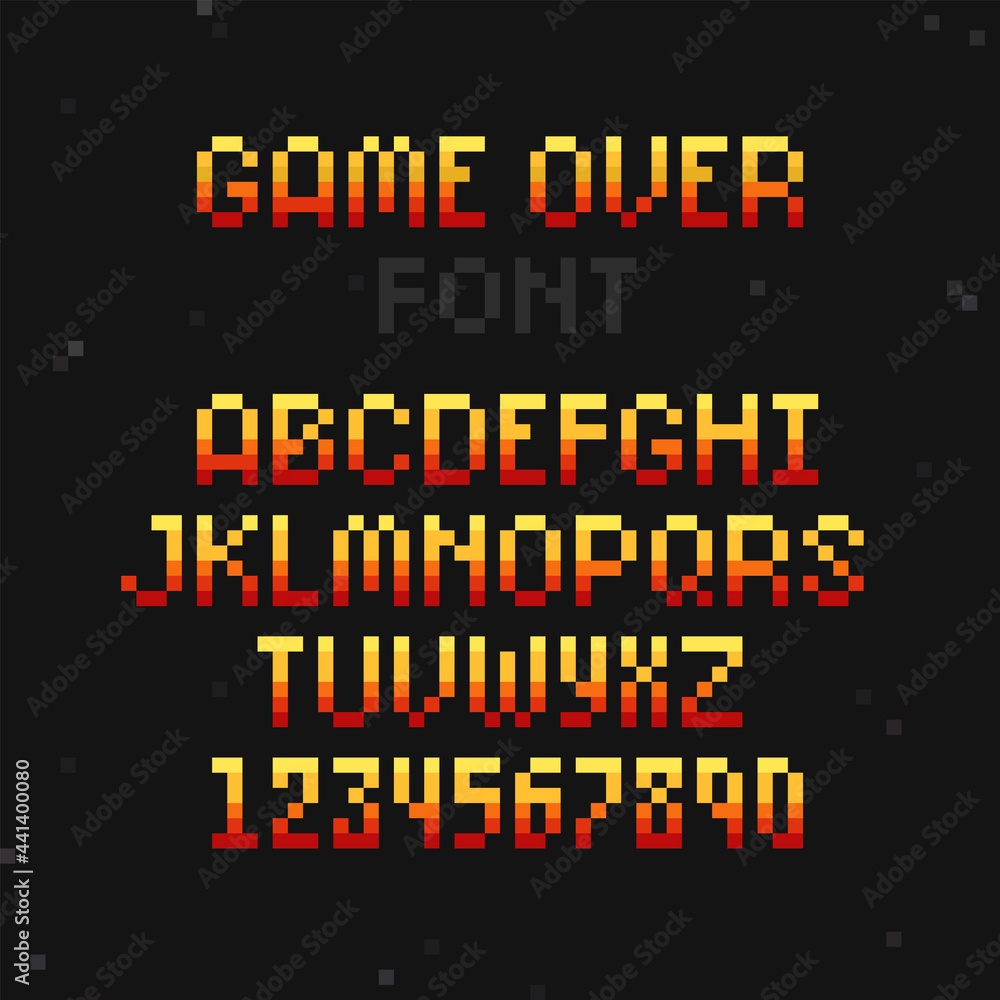 Poster pixel art 8 bit type font and numbers vector template for retro game design. digital game over pixel
