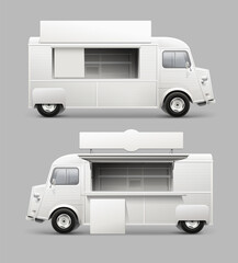 Vector street food truck blank mockup template for Brand Identity. Cargo truck. Realistic Delivery Service Vehicle isolated on grey background for Advertising design. Food truck with sign