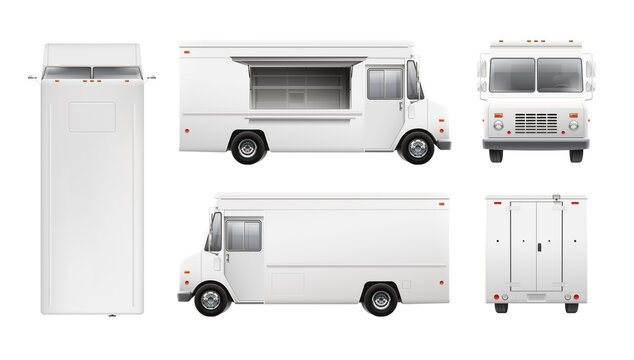 White street food truck template blank mockup for Brand Identity. Cargo truck. Realistic Delivery Service Vehicle isolated on white background for Advertising design