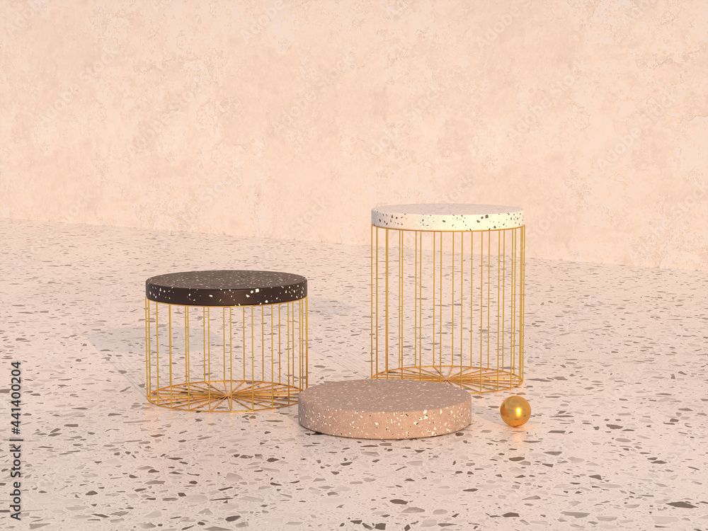 Aufkleber Natural beauty podium backdrop with terrazzo and golden textured. 3d rendering.