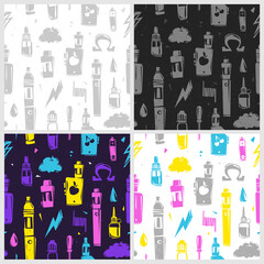 Vape shop and vaping tools vector seamless pattern set. isolated on black background for e-cigarette store, print design. Printable fashion background for print fabric, textile design