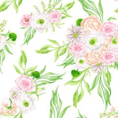 Watercolor floral seamless pattern. Lush greenery and delicate blush, white and peach color flowers isolated on white. Botanical repeated background. Illustration for wallpaper, wrapping, textile.