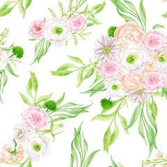 Gordijnen Watercolor floral seamless pattern. Lush greenery and delicate blush, white and peach color flowers isolated on white. Botanical repeated background. Illustration for wallpaper, wrapping, textile. © Olya Haifisch