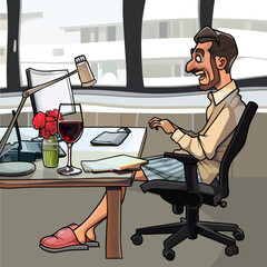 cartoon man smiling cheerfully looking at computer monitor