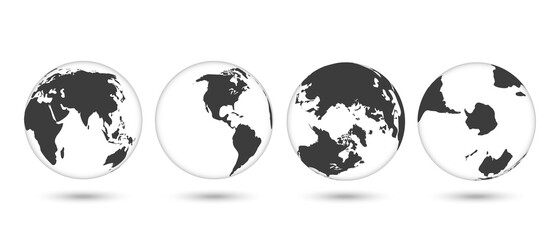 Set of transparent globes of Earth. Realistic world map in globe shape with transparent texture and shadow.