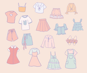 Set of hand-drawn young girl clothes in peach pink and baby blue colors