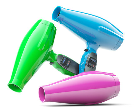 Three hair dryers of different colors on a white background 3D