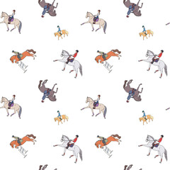 Hand drawn horses and riders seamless pattern. Cute pattern with horses, ponies and young equestrian athletes