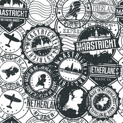 Fototapeta premium Maastricht, Netherlands Pattern of Stamps. Travel Passport Stamps. Made In Product. Design Seals in Old Style Insignia Seamless. Icon Clip Art Vector Collection.