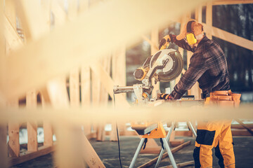 Wooden House Skeleton Building Using Powerful Saw