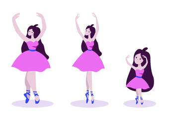 
a set of three ballerinas in pink dresses. in the picture there is an ordinary ballerina, a chibi ballerina and a large ballerina. girls are dancing