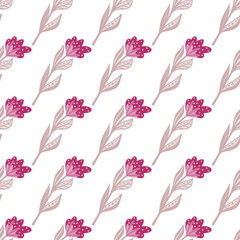 Isolated hand drawn seamless pattern with bright pink flower ornament. White background. Decorative print.