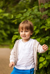 Preschooler has fun in the park. Take a walk, play and have fun. Emotions, joy.