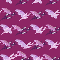Nature seamless doodle pattern with abstract flowers elements. Purple background.