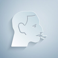 Paper cut Man coughing icon isolated on grey background. Viral infection, influenza, flu, cold symptom. Tuberculosis, mumps, whooping cough. Paper art style. Vector
