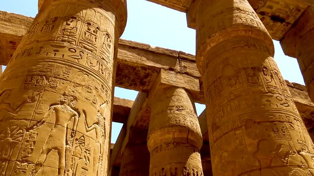 Various hieroglyphs, signs and symbols depicted inside the Karnak Temple in Luxor, Egypt. 