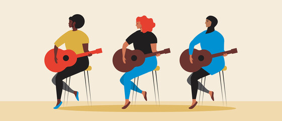 Diverse Women with Guitar, Flat Vector Stock Illustration as Hobby of Islamic, Afro Persons
