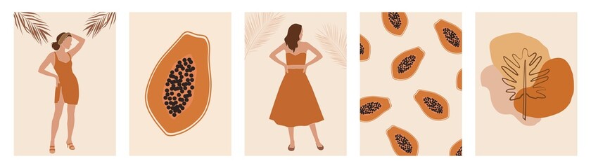 abstract boho summer posters: women, fruits, tropical and vacation vibes