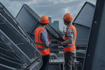 worker on a construction site. Two Asian engineer discuss job with  tablet  on cooling tower...