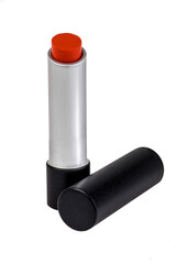 Red lipstick in aluminum packaging with black plastic lid