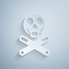 Paper cut Bones and skull as a sign of toxicity warning icon isolated on grey background. Paper art style. Vector