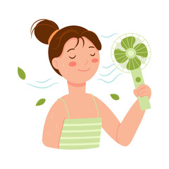 European girl hold a mini fan blowing cold air. Woman with ventilator from hot weather. Summer vector flat illustration isolated on white.
