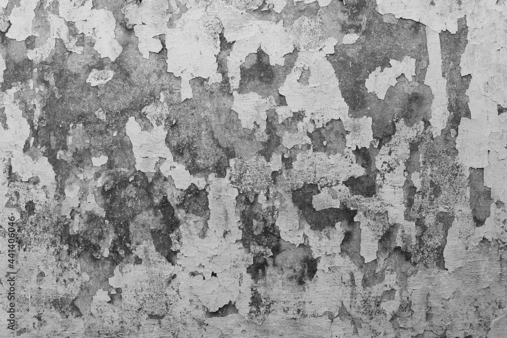 Sticker background with wall texture with peeling old white paint.