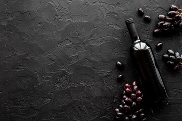Red wine bottle with grapes. Top view