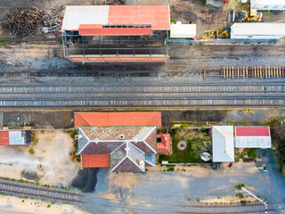 Aerial view of of a country railway station and surrounding sheds