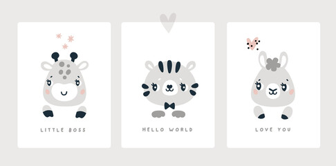 Baby month anniversary card. Baby milestone cards with cute animals characters. Baby shower print capturing all the special moments. Nursery prints for newborn girl, boy. Giraffe, tiger, llama © happydesign