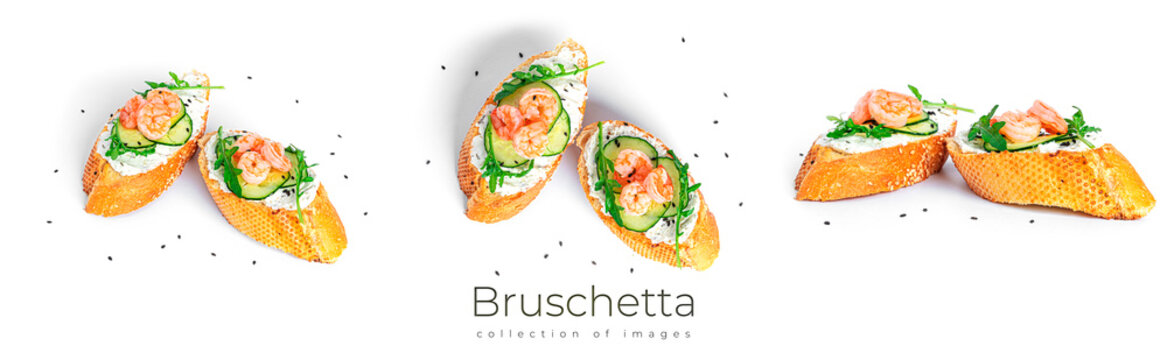 Bruschetta with cream cheese, shrimps cucumber and arugula leaves isolated on a white background. Toast isolated. Sandwich isolated. Sandwich with shrimps, salmon and cheese.