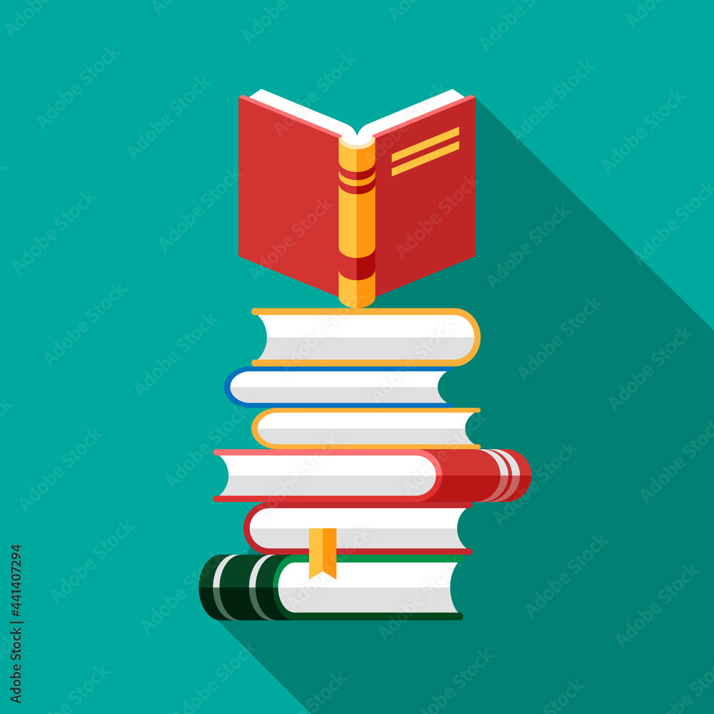 Poster set of book icons in flat style isolated on blue background. vector heap of books with open book on 