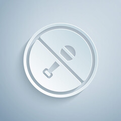 Paper cut Mute microphone icon isolated on grey background. Microphone audio muted. Paper art style. Vector