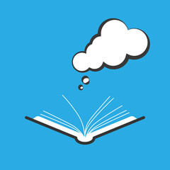 Open book with dialog speech bubble isolated on blue background. Vector modern flat icon.