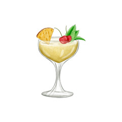 watercolor glass cocktail in an elegant cup isolated on white background. continuous line drawing doodle minimalist design.