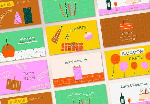 Colorful Birthday Banner Layout with Cute Doodles Set