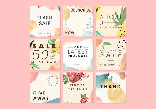 Watercolor Memphis Patterned Social Media Post Template for Sale