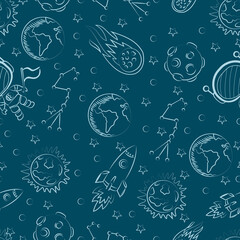 Space for children seamless pattern on blue background. Cute astronaut, rocket, and planet cartoon seamless pattern