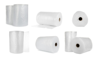 Set with transparent bubble wrap rolls on white background