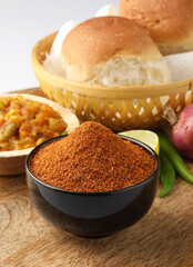 Pav Bhaji Masala Powder is Ingredients for Pav Bhaji Masala a fast food from India, Thick and spicy vegetable curry, fried and served with a soft bread ,Bun Paav and butter.