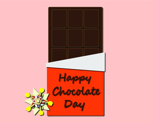 Greetings Happy Chocolate day on dark chocolate bar wrap and cocoa flower design.
