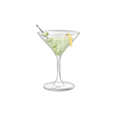 watercolor glass cocktail in an elegant cup isolated on white background. continuous line drawing doodle minimalist design.
