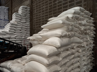 Chemical fertilizer Urea Stockpile jumbo-bag in a warehouse waiting for shipment.