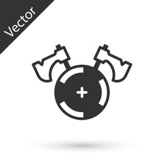 Grey Medieval shield with crossed axes icon isolated on white background. Battle axe, executioner axe. Vector